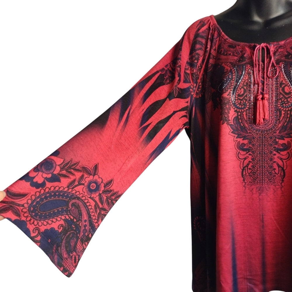 energe world wear Women’s Tunic Thin Sweater Beaded Tassel Red/Black Size 2X - Picture 4 of 7